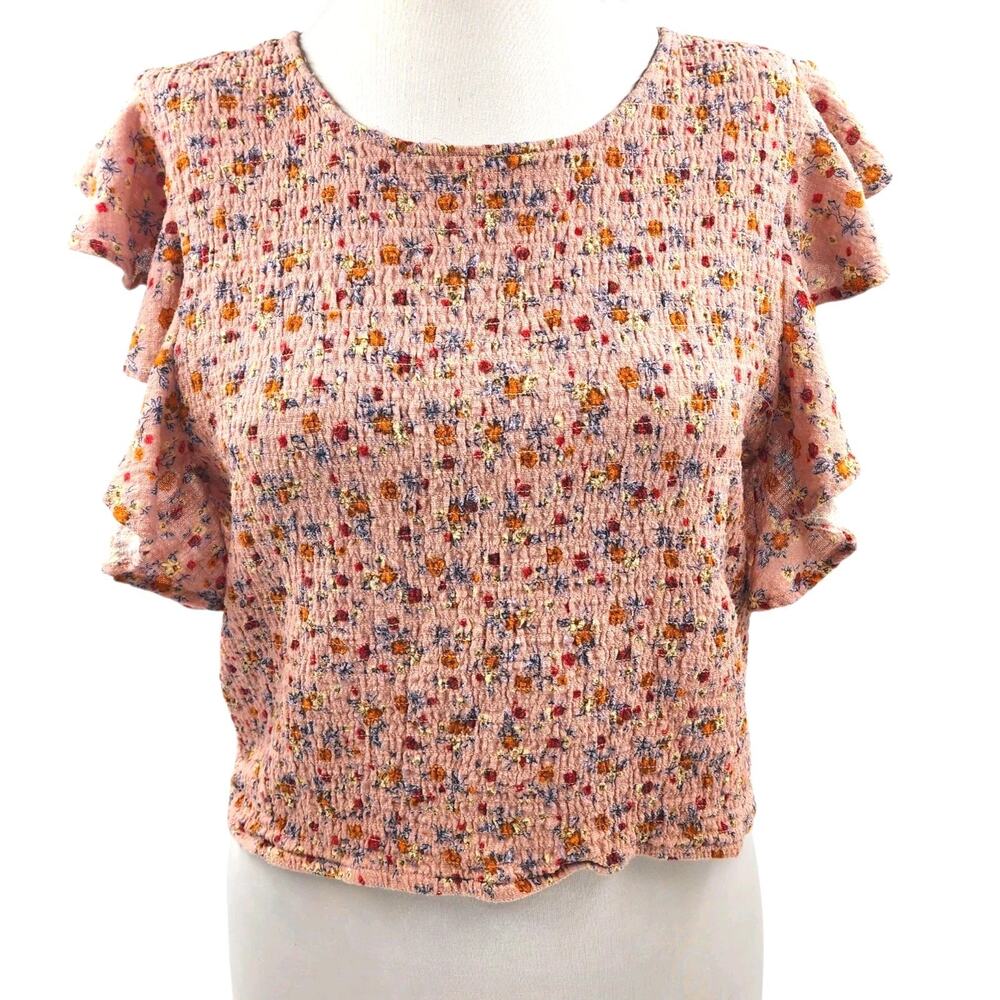 Rocks & Indigo Cropped Floral Top Flutter Sleeve Pink Boho Romantic Womens XL